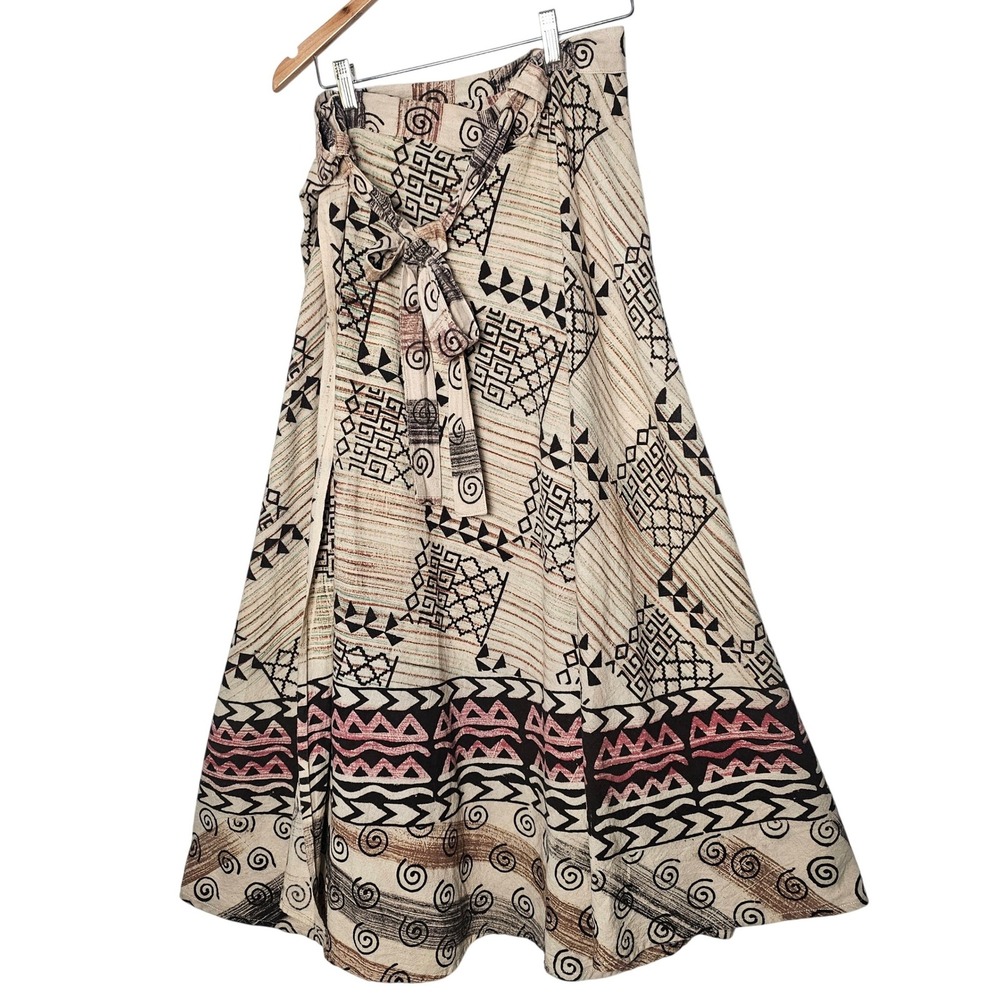 Belma Wrap Skirt Womens OS Beige Brown Geometric Cotton Boho Maxi Beach Festival